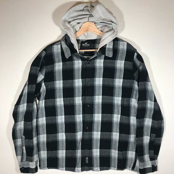 Hollister Men's XL Black Plaid Long Sleeve Button Up Hoodie Flannel Shirt - Picture 1 of 11